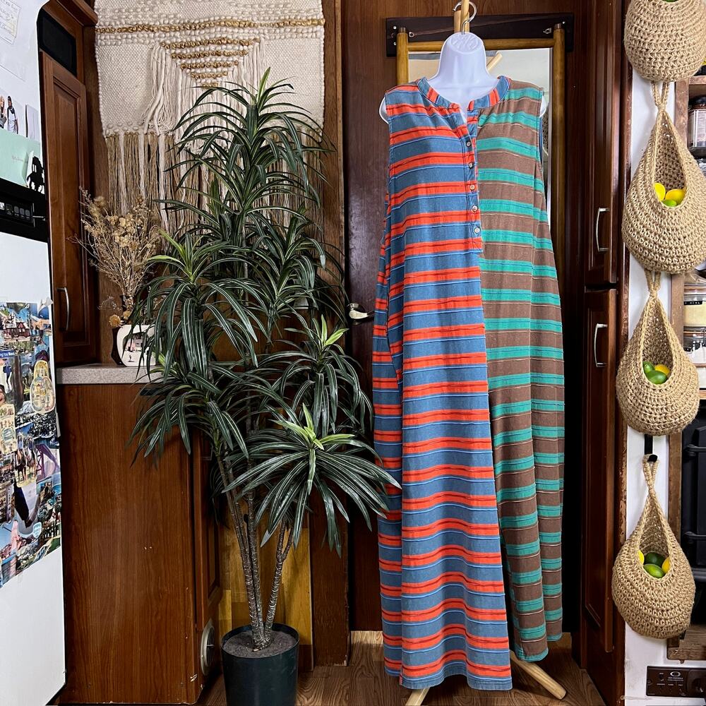 Three Bird Nest Cruise Lines Jumpsuit XL Teal Brown Striped Boho Wide Leg Cotton
